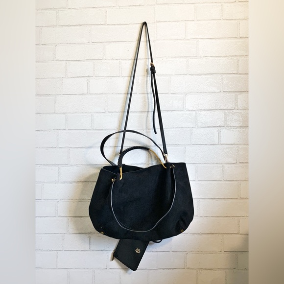 NWT House of Harlow 1960 Luxe Satchel Black Faux Suede + Crossbody Strap - Picture 6 of 8